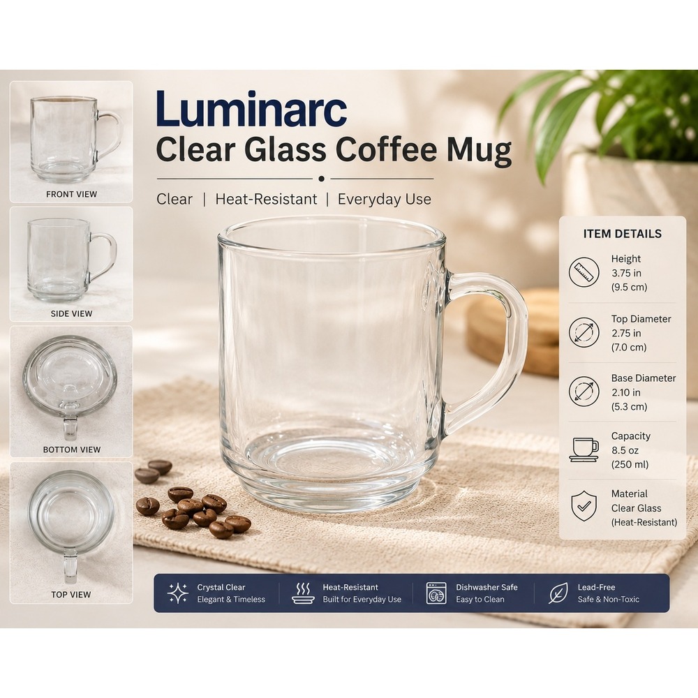 Luminarc Clear Glass Coffee Mug Minimalist Tea‎ Cup Transparent 3.5 Inch